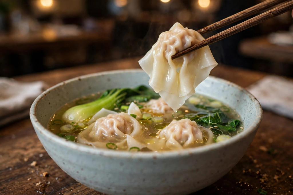 Bowl of wonton soup with delicate wontons in clear broth