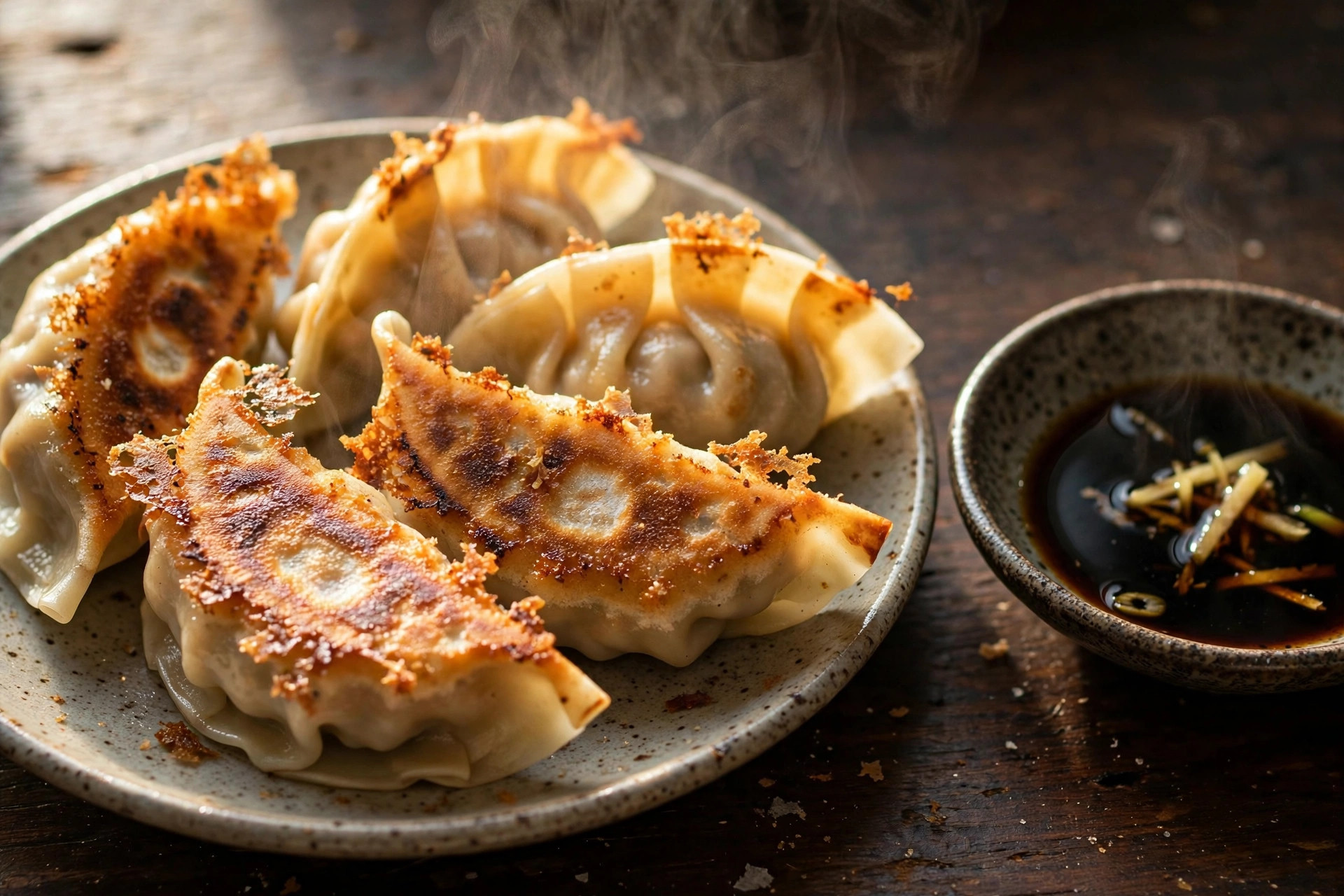 Golden pan-fried jiaozi dumplings with crispy bottoms
