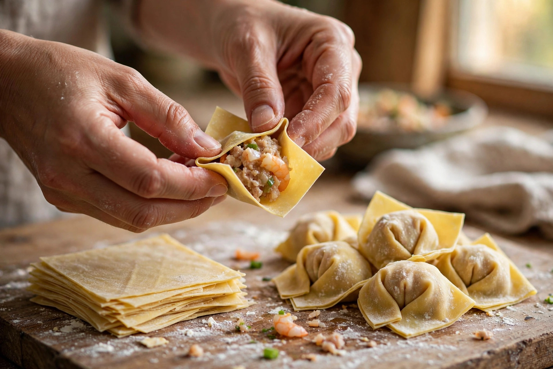 Hands folding a thin square wonton wrapper