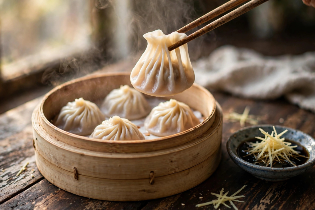 Xiaolongbao soup dumplings in a bamboo steamer with black vinegar and ginger