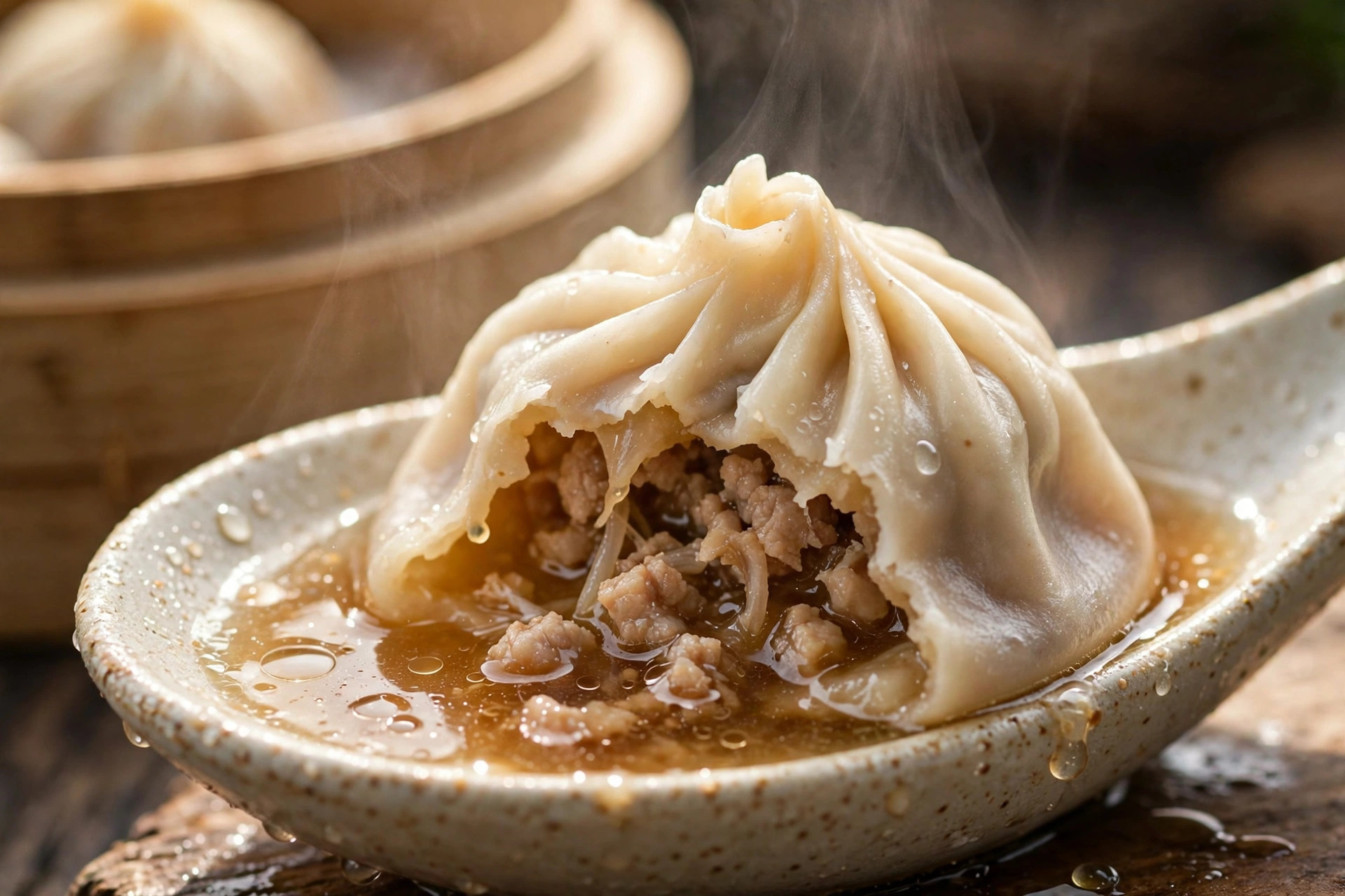 A xiaolongbao resting in a Chinese soup spoon with chopsticks, soup visible where a bite was taken