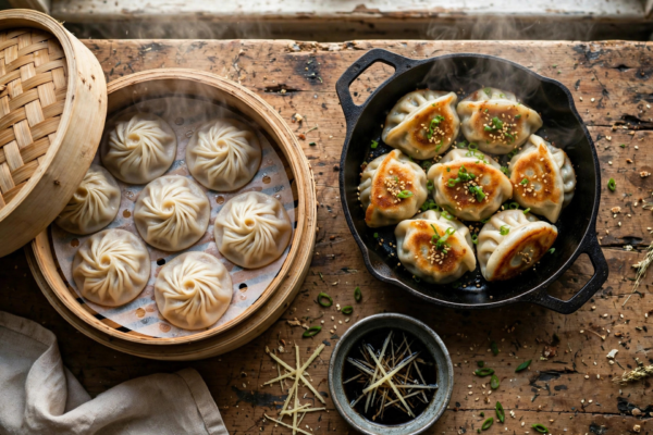 Overhead spread of xiaolongbao in a bamboo steamer next to pan-fried shengjian bao with black vinegar and ginger
