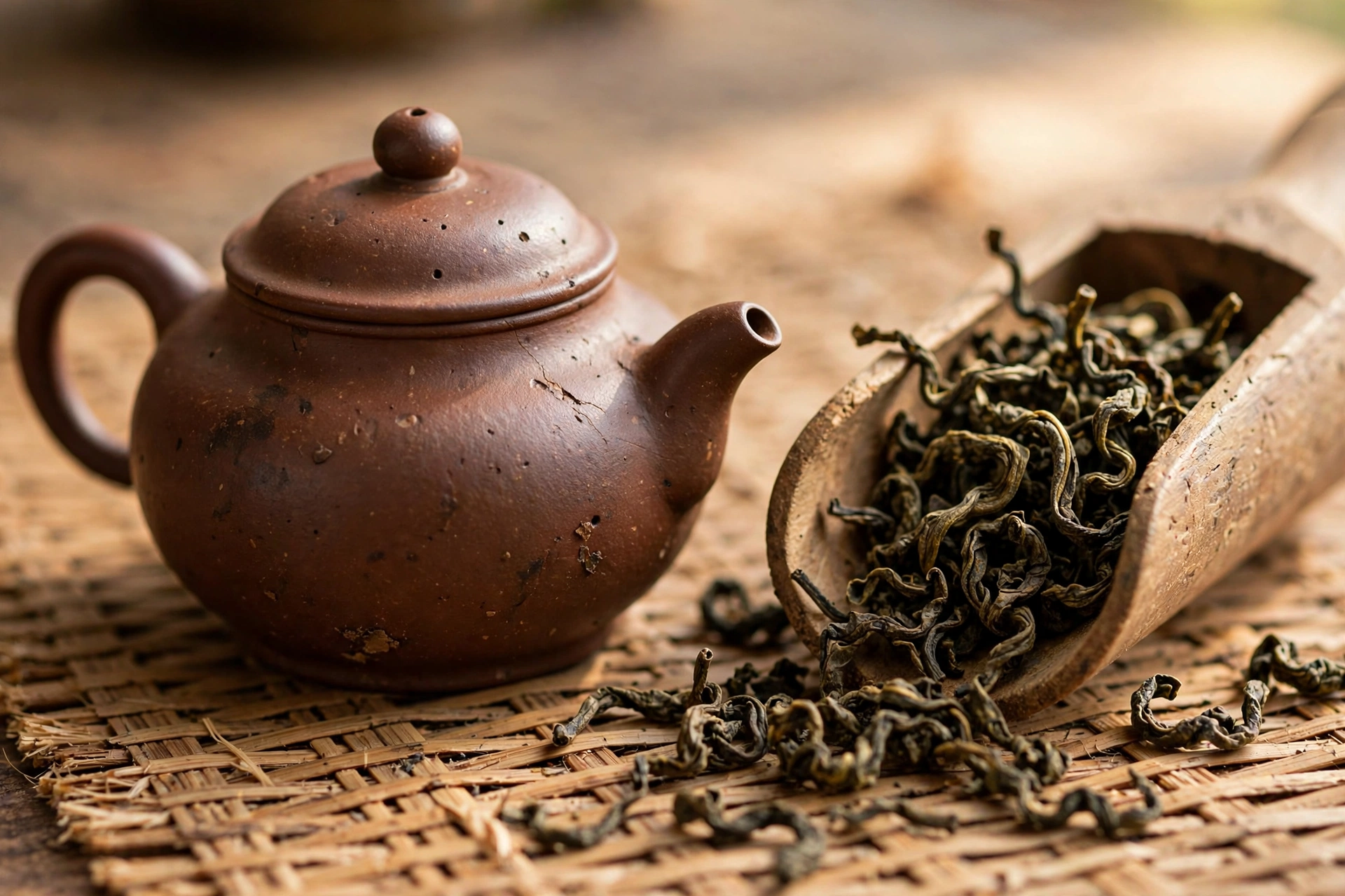 A small brown Yixing clay teapot beside a wooden scoop of dry twisted oolong tea leaves